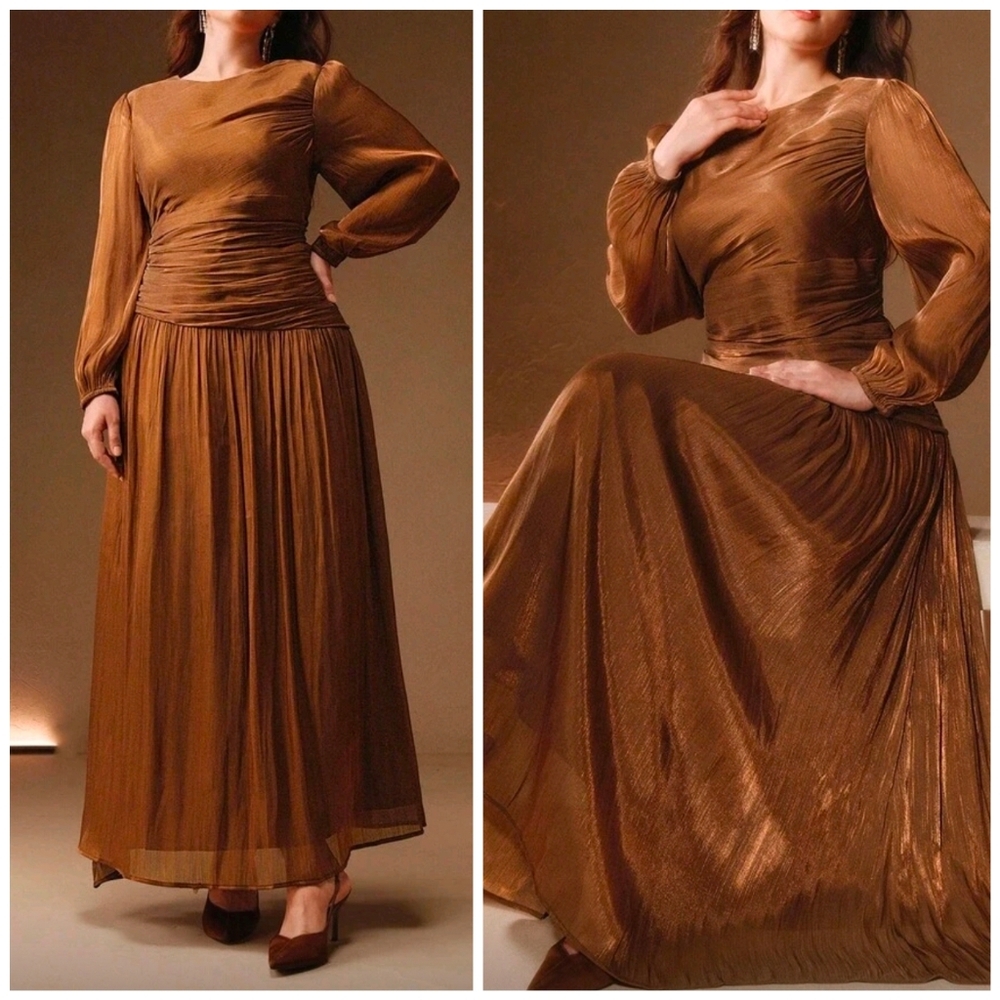 New Luxe Metallic Crinkle Ruched Waist Flared Maxi Dress PLUS Brown